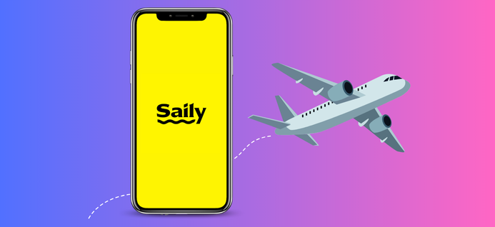 Saily travel brand image with airplane and beach scene